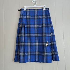 Edinburgh Woollen Mill Kilt Skirt Blue Tartan Grouse Foot Pin Vintage Vtg UK 16